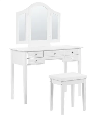 Produktbild von BELIANI Schminktisch Weiß 144 x 45 x 95 cm Hocker 3-teiliger Klappspiegel 5 Schubladen Schlafzimmer Wohnzimmer Aufbewahrung Kosmetika