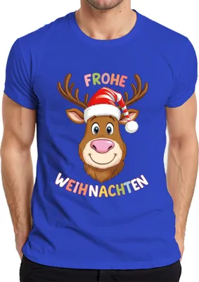Produktbild von FROHE WEIHNACHTEN Rentier Weihnachtsmütze lustig kinder Geschenk Herren T-Shirt, Blau, S