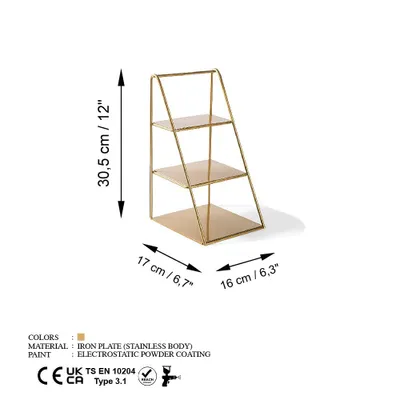 A gold metal shelf unit with three tiers, shown against a white background with measurement annotations.