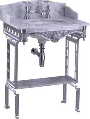 Produktbild von Casa Padrino Luxus Jugendstil Stand Waschtisch Weiß / Aluminium mit Marmorplatte mit Spritzschutz hinten, seitlich und Ablage Barock Waschbecken Barockstil Antik Stil