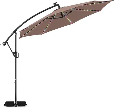 Imagen del producto de Parasol para jardín, diámetro 300 cm, con soporte y iluminación LED, parasol giratorio de 360° con inclinación ajustable, ideal para jardín y terraza (color marrón)
