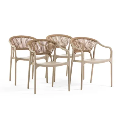 Produktbild von 4er-Set stapelbare Stühle aus Polypropylen mit Rückenlehne aus geflochtenem Seil und Armlehnen, für Garten, Terrasse, Bars und Restaurants – Jennifer Karamell