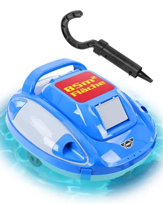 A blue pool robot with a black handle is shown floating on blue water.