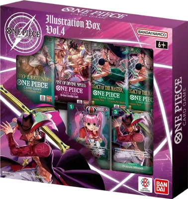 A product box for the One Piece Illustration Box Vol.4, featuring card game packs and character art.