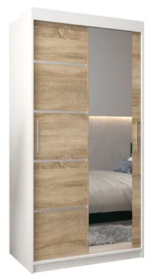 Produktbild von Kleiderschrank, Schiebetürenschrank Schlafzimmer, Schrank mit Spiegel VERONA 2 100 cm - Weiß Matt + Sonoma Eiche