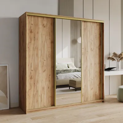 Produktbild von Masseno Schiebetürenschrank TAVI 180/205/60 cm Kleiderschrank mit 4 Schubladen Schlafzimmer Schrank 3-türig mit Spiegel Craft Eiche Gold