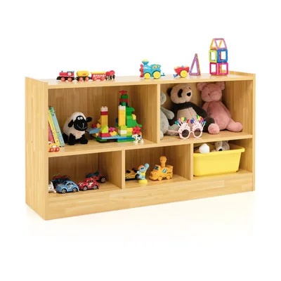 A wooden toy shelf filled with various toys.