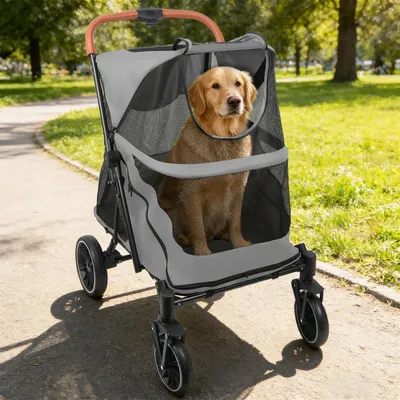 Produktbild von Großer Hundetrolley für Hunde bis 20kg,Ein-Klick-Klappbar Hundewagen,2 in 1 Pet Stroller Jogger Buggy für Haustiere/Katzen Grey