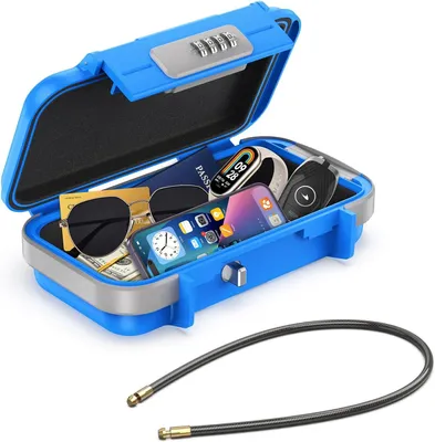 Imagen del producto de LOCK: Caja fuerte portátil, caja de seguridad con código numérico, impermeable, antirrobo. Mini caja fuerte con combinación numérica y cable de acero desmontable. Caja fuerte de seguridad, caja para llaves, color azul, para uso doméstico