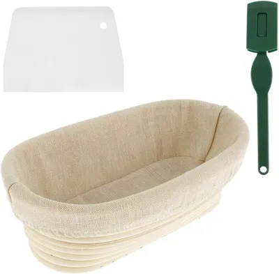 Produktbild von Gärkörbchen Set 25cm Brotgärkor Handgemachte Gärkorb aus Natürlichem Peddigrohr Gärkorb Für Brot Und Brotteig, Mit Teigschaber Leineneinsatz Gärkörbchen Oval