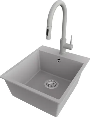 Produktbild von PRIMAGRAN Granitspüle Grau 43x50cm, Spülbecken 1 Becken + Küchenarmatur 40x20cm + Ablauf-Set, Küchenspüle ab 45er Unterschrank - Riga