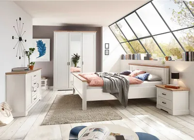 Produktbild von Schlafzimmer Set 4-teilig Bett 160x200cm Pinie weiß mit Eiche JÜLICH-77