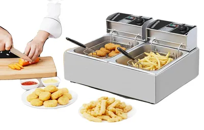 Immagine prodotto di Friggitrice a doppio serbatoio, potenza 2500 W, intervallo di temperatura da 60 a 200 °C, capacità di 6 litri per serbatoio, da montare su tavolo, realizzata in acciaio inossidabile