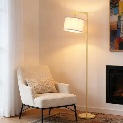 Produktbild von EDISHINE Stehlampe Wohnzimmer Gold, Bogenlampe mit Verstellem Leinen Lampenschirm, Leselampe mit E27 LED Leuchtmittel und Fußschalter, 160cm