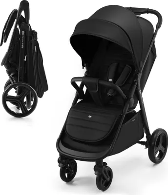 A black Kinderkraft RINE stroller shown from the front and a folded view from the side.