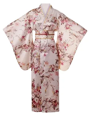 Produktbild von Damen-Morgenmantel im Kimono-Stil aus Japan mit Blumenmuster, langer Bademantel in Einheitsgröße