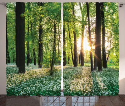 Produktbild von ABAKUHAUS Landschaft Rustikaler Gardine, Sonnige Waldblüten, Schlafzimmer Kräuselband Vorhang mit Schlaufen und Haken, 280 x 260 cm, Grün Weiß