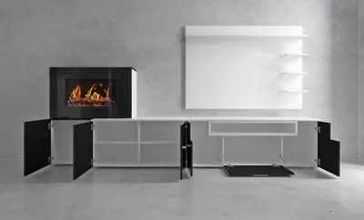 Produktbild von Wohnzimmermöbel mit elektrischem Kamin, Ausführung in Mattweiß und Hochglanzweiß lackiert, 290x45x170cm