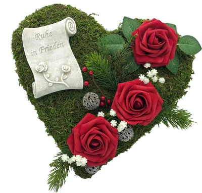 Produktbild von Grabgesteck Grabschmuck Moosherz Grabherz Trauerherz  Gesteck - Ruhe in Frieden - 30cm 3 Rosen rot