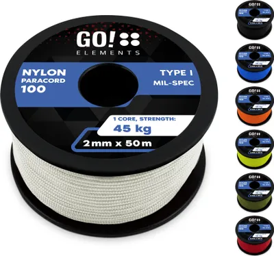 Produktbild von GO!elements 50m Paracord 2mm Seil aus reißfester Nylonschnur - Paracord 100 Typ I Survival Schnur - Reißfest bis 45kg - geeignet als Allzweckseil, Reepschnur, Kordel, Maurerschnur, Farbe: Weiß