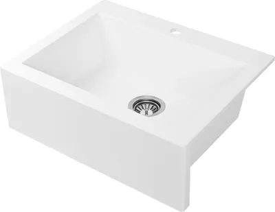 Productafbeelding van BADLAND Spoelbak, granieten spoelbak met spatplaat, enkele kom. KOMODO, 49x63, wit. Inclusief sifon!