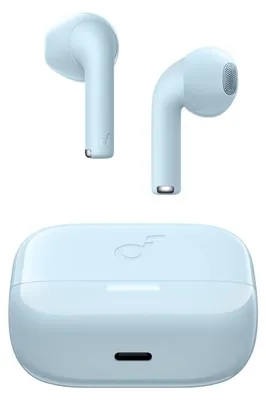 A pair of light blue wireless earbuds and their charging case are displayed against a white background.