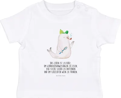 Produktbild von Mr. & Mrs. Panda  T-Shirt Robbe Sherlock 6. - 12. Monat - Weiß - Geschenk, Baby Baumwollshirt, Oberteil, Babyshirt, Lustige Sprüche, Shirt