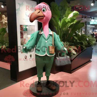 Produktbild von Maskottchen-Charakter REDBROKOLY eines waldgrünen Flamingos mit Weste und Kuriertasche