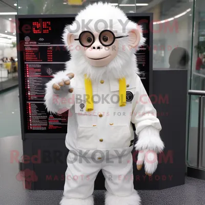 Produktbild von Weißer REDBROKOLY Affe Maskottchen Kostüm charakter bekleidet mit einem Regenmantel und Digitaluhren