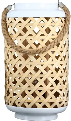 Productafbeelding van Casablanca windlicht "Native", metaal/houtvlechtwerk, wit/naturel, inclusief glazen binnenkant en handige ophangkabel. Hoogte: 39 cm, diameter: 21 cm. Artikelnummer: 84125
