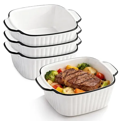 Image de Moules à gratin en céramique, lot de 4, dimensions 14,3 x 5,2 cm, capacité 400 ml, avec poignées, adaptés au four, au micro-ondes et au four à air chaud