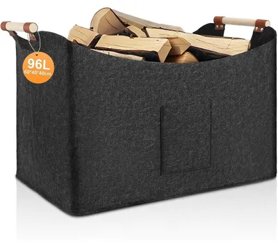 Image de Panier de rangement pliable pour bois de chauffage, grande capacité (96 litres), en feutre, dimensions 60x40x40 cm, avec poignées de transport