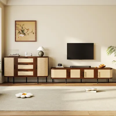 Produktbild von Merax Wohnwand Set mit TV-Lowboard und Sideboard, Wohnzimmermöbel Set mit Geflechtfront aus MDF, Kommode mit Metallfüße und Stauraum, Nussbaum