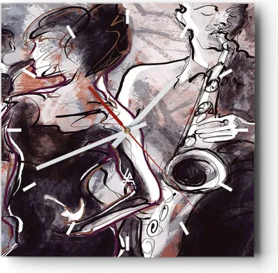 Produktbild von Wanduhr - Quadrat - Glasuhr - Jazz Musik Musiker - 30x30cm - Schleichendes Uhrwerk - Lautlos - zum Aufhängen bereit - Dekoration Modern - Wanddekoration aus Glas - C3AC30x30-3572