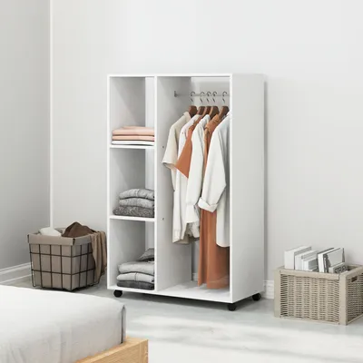 Image de Armoire à roulettes avec 1 tringle et 3 étagères 80 x 128 x 40 cm Armoire vestiaire mobile Armoire ouverte aspect bois, blanche