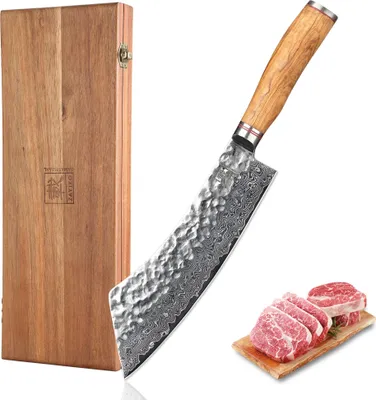 Produktbild von Zayiko Minami Damast Blockmesser I 22,5 cm Klinge I Olivenholzgriff I Holzbox