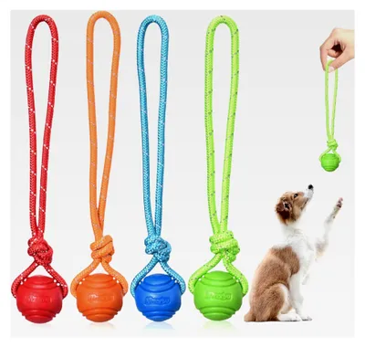 Produktbild von 4 Hundebälle mit Seil, Hochspringendes Spielzeug für Hunde, Naturkautschuk Ball für kleine, mittelgroße und große Hunde (vier Farben)