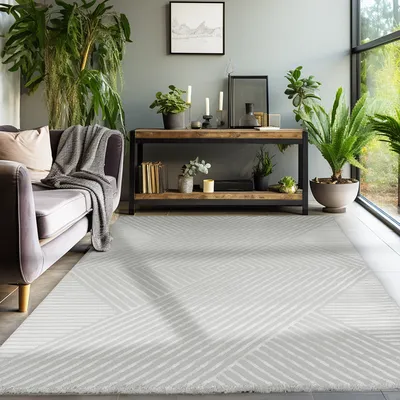 Produktbild von Teppich Wohnzimmer Schlafzimmer Läufer Flur Flauschig Boho Teppich 3D Design Skandinavischer Stil Weich Größe: 280x370 cm Farbe : Silber-5