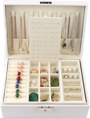 Imagen del producto de Caja de joyería de cuero Unyqoos® para mujer, color blanco, gran capacidad (23 x 17 x 8,5 cm), joyero de dos niveles con cerradura