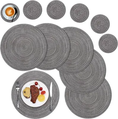 Obrázok produktu pre Sada 12 kusov sivých tkaných podložiek pod tanier, okrúhle, 38 cm, odolné voči teplu