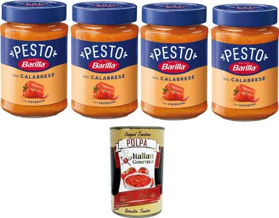 Produktbild von Barilla Pesto Alla Calabrese con Peperoni Condimento e Sugo per Pasta Kalabrisches Pesto mit Paprikagewürz und Pastasauce 4x190gr + Italian Gourmet polpa 400g