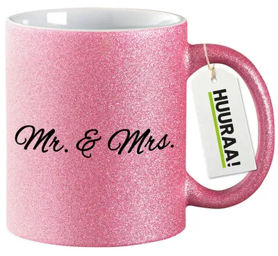 Produktbild von Huuraa Glitzertasse Mr. & Mrs. Schriftzug 330ml Pink Keramik Kaffeebecher Geschenkidee