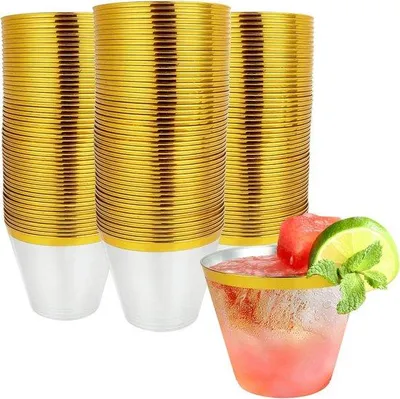 Produktbild von Famanu Plastikbecher mit goldenem Rand - 270 ml - elegante Trinkbecher für Feiern, Hochzeiten, Camping - 100 Stück