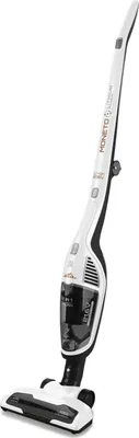 A white and black cordless stick vacuum cleaner is shown against a white background.