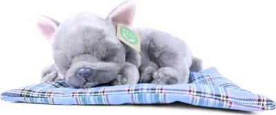 Immagine prodotto di Peluche a forma di bulldog francese, posizionato su un cuscino, altezza 23 cm. Prodotto ecologico
