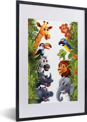 Produktbild von MuchoWow® Gerahmtes Poster Dschungel - Tiere - Jungen - Mädchen - Giraffe - Elefant - Kinder 40x60 cm - Poster mit Schwarzem Bilderrahmen Wandposter Rahmen Foto Bilder - Poster in Rahmen