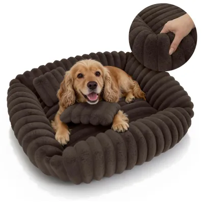 Produktbild von Domarex Dogguru Tola Hundebett 80x70 cm Hundesofa mit Kissen Rabbit Fur Plüsch Anti-Rutsch Waschbar Für Mittelgroße Hunde & Große Katzen, Braun