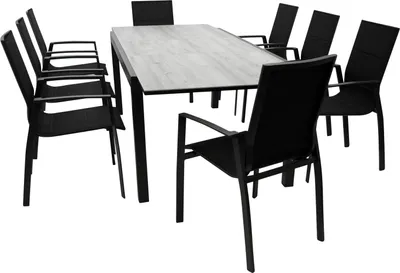 A dining set with a table and chairs on a white background.