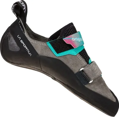 Klett-Kletterschuh "Aragon Woman" von La Sportiva in Grau und Schwarz mit türkisfarbenen Akzenten.