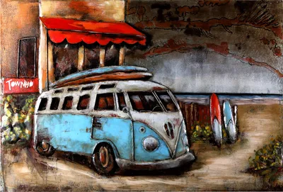 Produktbild von Wandbild Strandbus Blau 3D Bulli Metallbild Relief Unikat Motiv Bild 120x80cm